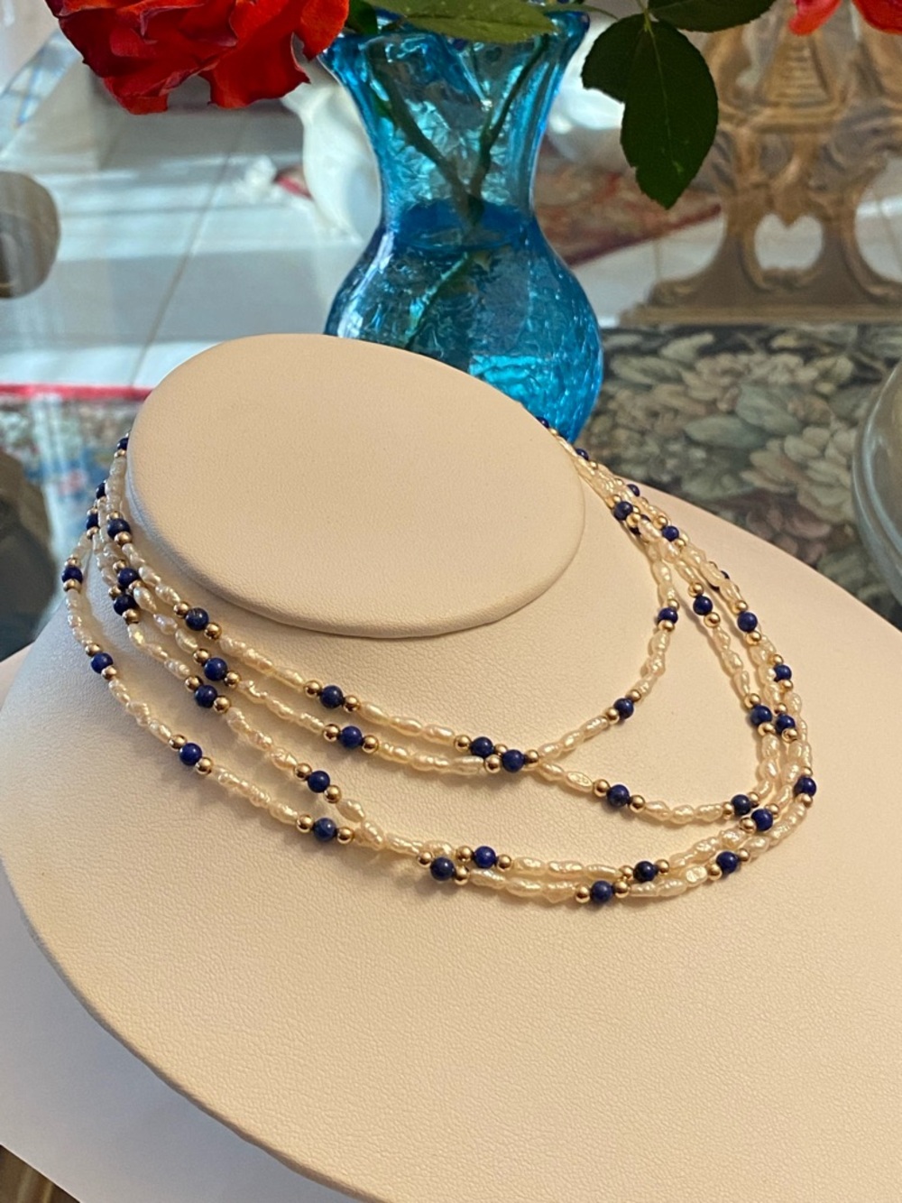 Vintage 60” Rice Pearl Lapis Lazuli 14K Gold Beads Continues Strand Necklace